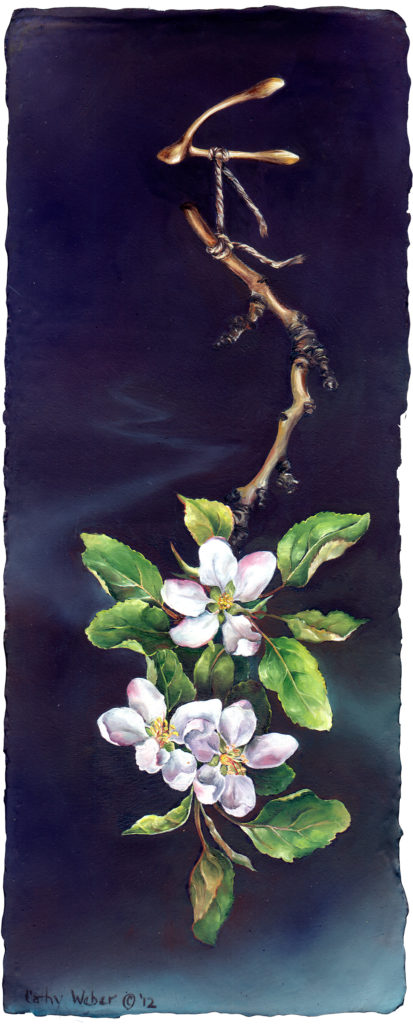 cathy weber - art - painting - woman - oil - montana - painting - oil - botanical - ribbon - apple - blossom - river - oil painting