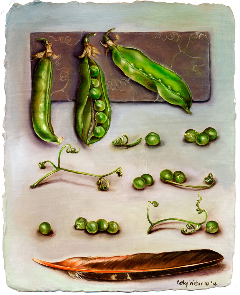 cathy weber - art - painting - woman - oil - montana - painting - oil - feather - poem - object - pea