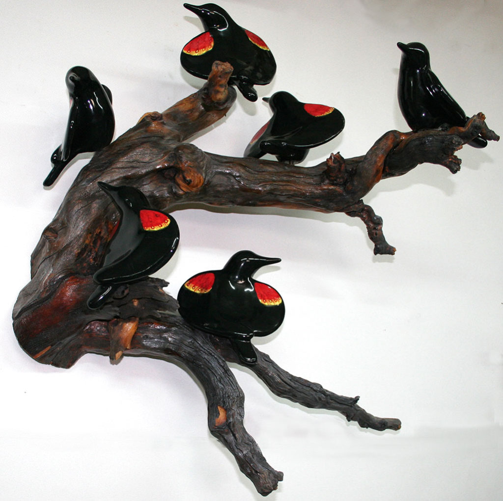 cathy weber - art - clay- woman - montana - ceramic - porcelain - bird - redwing - red winged - blackbird - flock