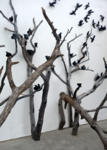 cathy weber - art - clay- woman - montana - ceramic - porcelain - bird - blackbird - flock - tree