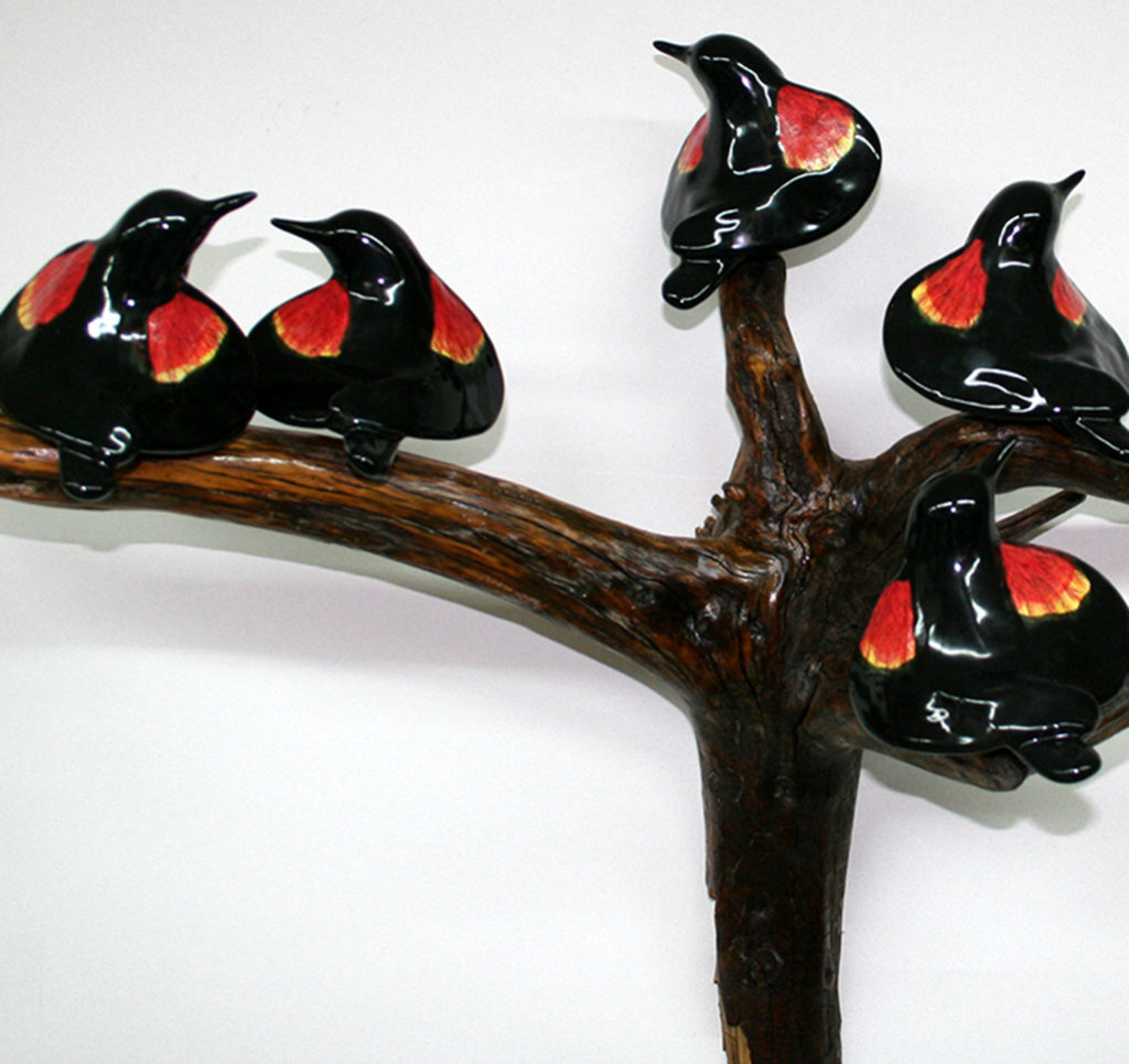cathy weber - art - clay- woman - montana - ceramic - porcelain - bird - redwing - red winged - blackbird - flock