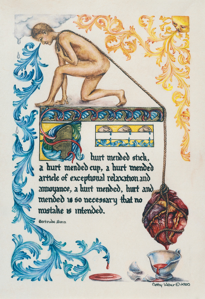 cathy weber - art - painting - woman - watercolor -illumination- montana - painting - parchment - skin - versal - gertrude stein - grief - heart - blood