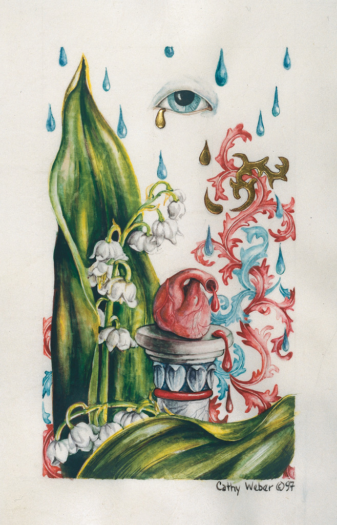 cathy weber - art - painting - woman - watercolor -illumination- montana - painting - parchment - skin - grief - heart - blood
