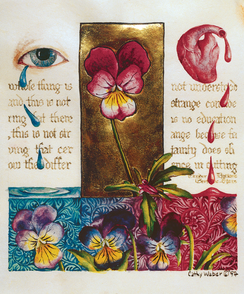 cathy weber - art - painting - woman - watercolor -illumination- montana - painting - parchment - skin - versal - gertrude stein - grief - heart - blood