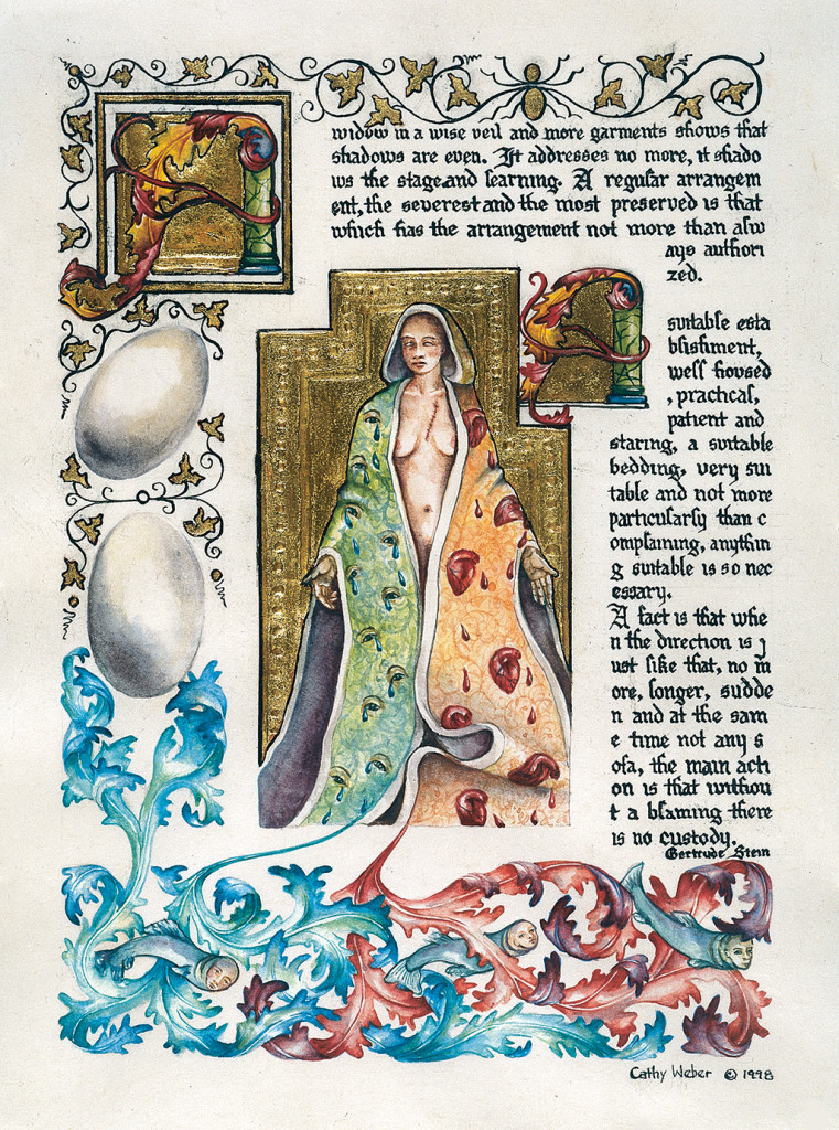 cathy weber - art - painting - woman - watercolor -illumination- montana - painting - parchment - skin - versal - gertrude stein - grief - heart - blood