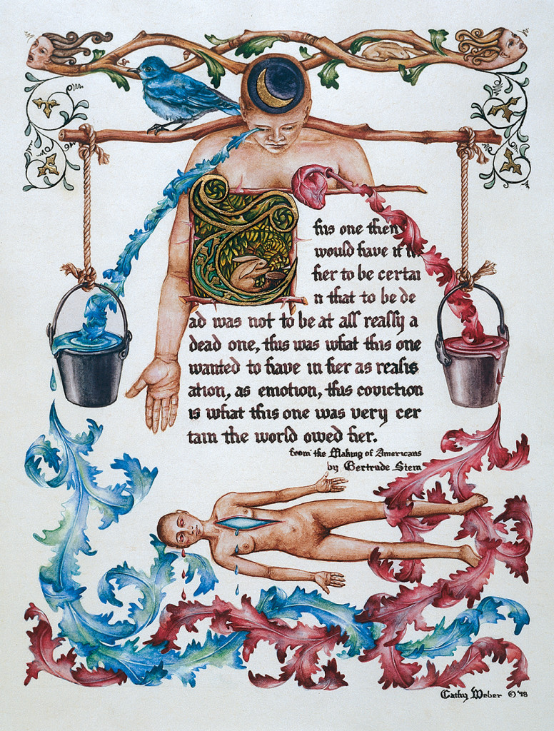 cathy weber - art - painting - woman - watercolor -illumination- montana - painting - parchment - skin - versal - gertrude stein - grief - heart - blood