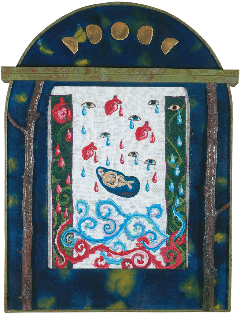 cathy weber - art - painting - woman - watercolor -illumination- montana - painting - parchment - skin - gertrude stein - grief - heart - tree - blood - embroidery