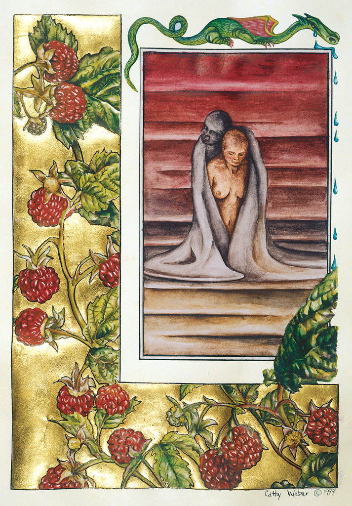 cathy weber - art - painting - woman - watercolor -illumination- montana - painting - parchment - skin - grief - heart - blood