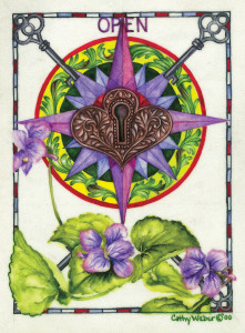 cathy weber - art - painting - woman -compass rose - watercolor - moon phase- montana - painting - parchment - skin - map