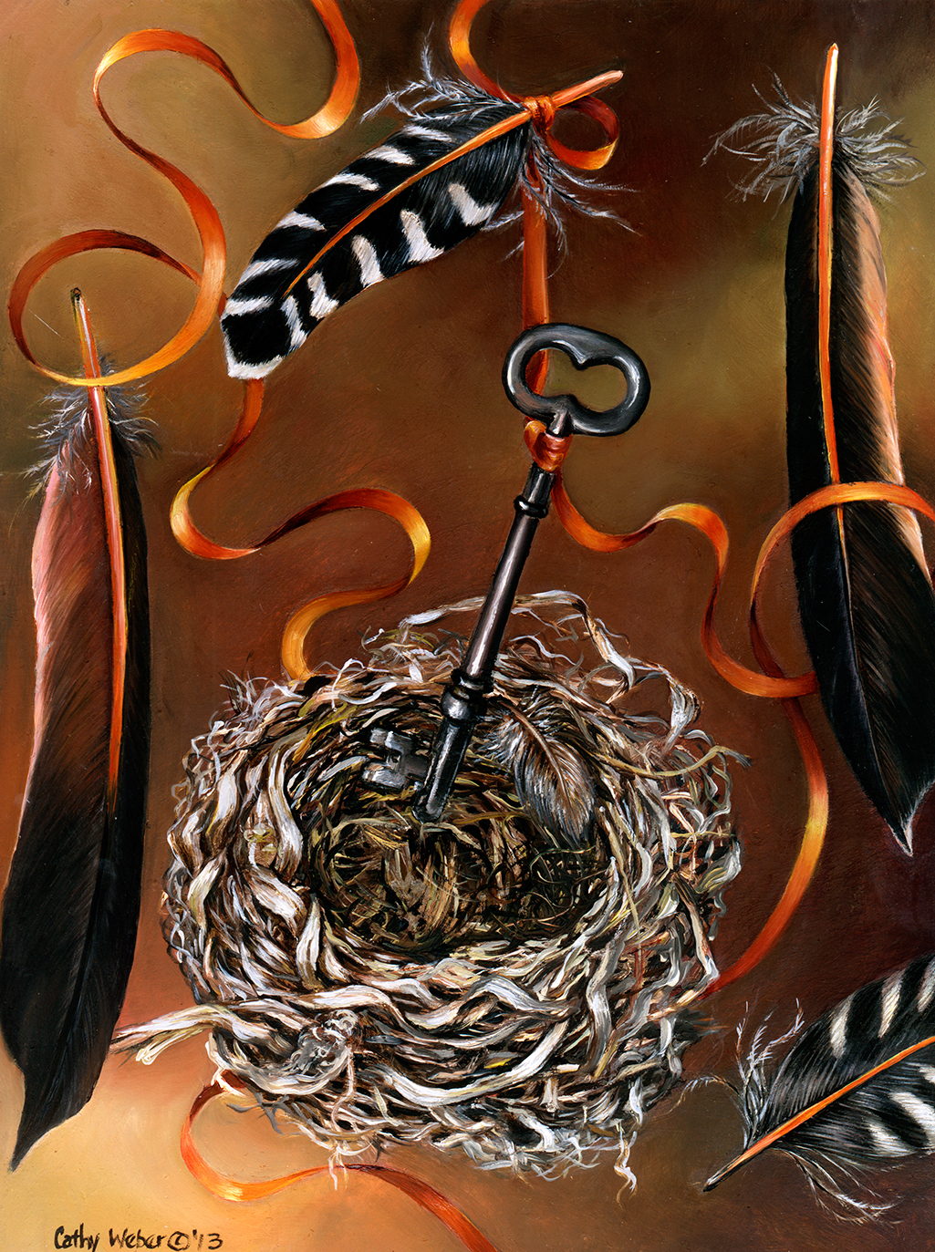 03.017 - feather - key - nest - cathy weber - artist - oil painting - objects - biological objects - ribbon