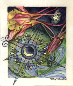 cathy weber - art - painting - woman -compass rose - watercolor - moon phase- montana - painting - parchment - skin - map