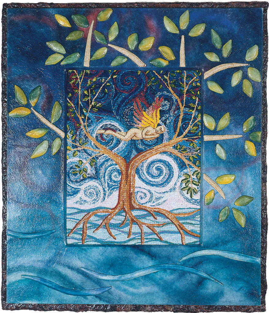 cathy weber - art - painting - woman - watercolor -illumination- montana - painting - parchment - skin - gertrude stein - grief - heart - tree - blood - embroidery