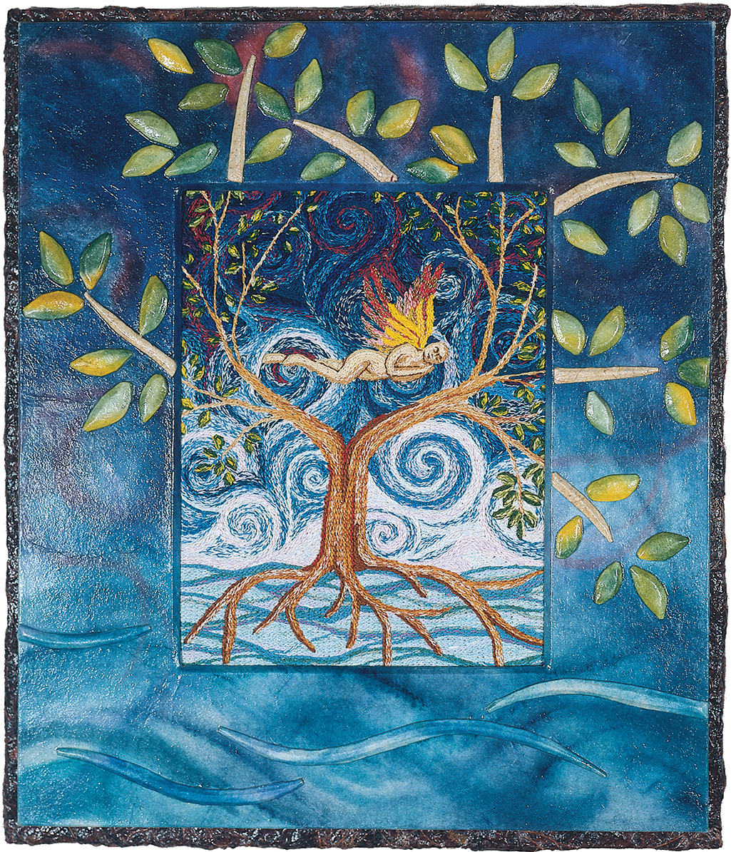 cathy weber - art - painting - woman - watercolor -illumination- montana - painting - parchment - skin - gertrude stein - grief - heart - tree - blood - embroidery