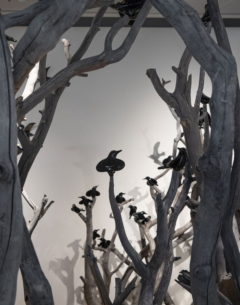 cathy weber - art - clay- woman - montana - ceramic - porcelain - bird - blackbird - flock - tree - MAM - Overstory/Understory