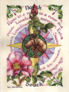 cathy weber - art - artmaker - watercolor - montana - illumination - book - artist - map - compass rose - parchment - wild rose - calligraphy