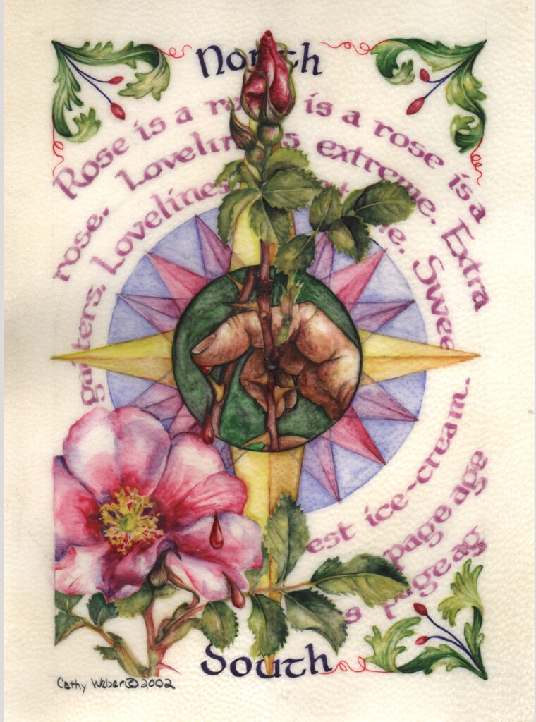 cathy weber - art - artmaker - watercolor - montana - illumination - book - artist - map - compass rose - parchment - wild rose - calligraphy