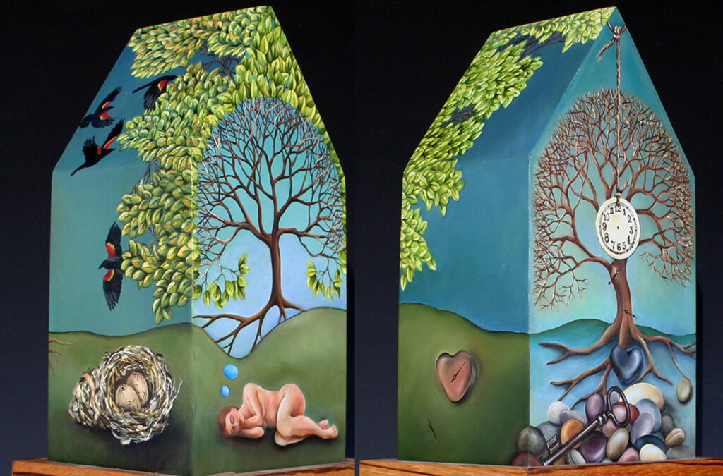 15.003 Green tree house, oil on gessoed panel, 4 by 4 by 6 inches