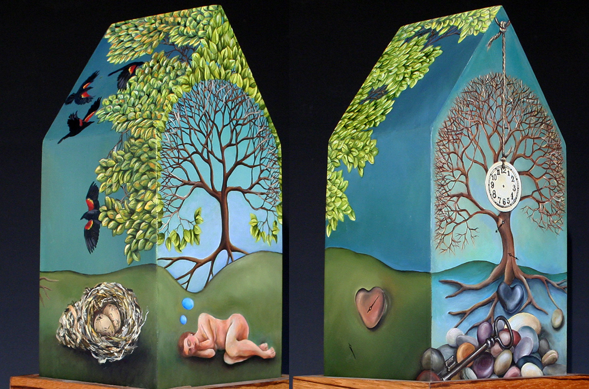 15.003 Green tree house, oil on gessoed panel, 4 by 4 by 6 inches