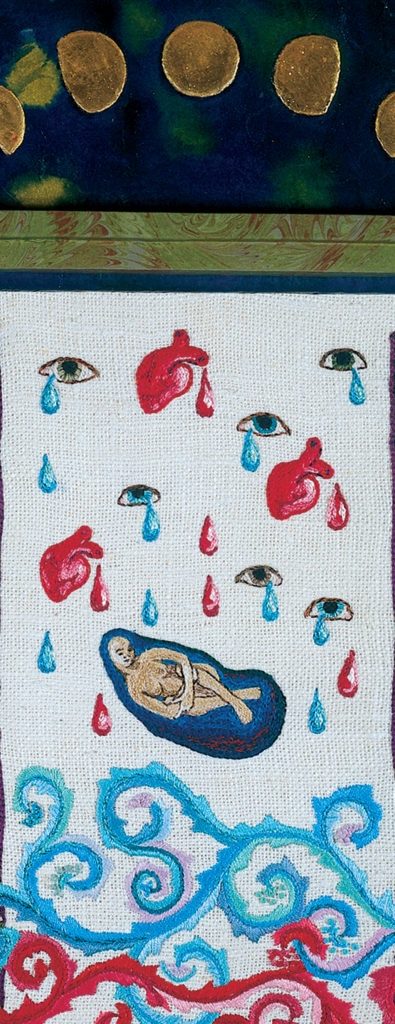 cathy weber - art - painting - woman - watercolor -illumination- montana - painting - parchment - skin - gertrude stein - grief - heart - tree - blood - embroidery