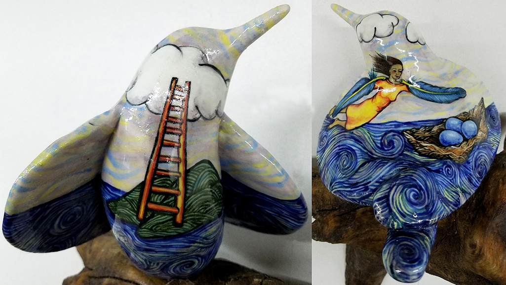 17.007 - cathy weber - art - painting - woman - montana - ceramic - porcelain - bird - narrative - clay - glazed - ladder