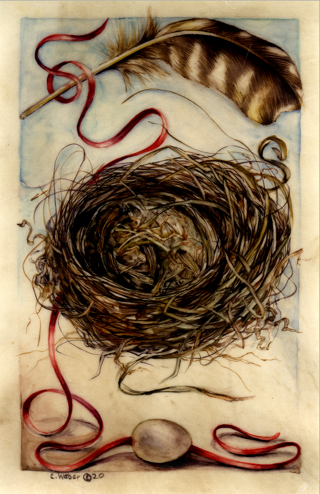 cathy weber - art - painting - woman - oil - montana - oil - object - nest - egg - feather - ribbon