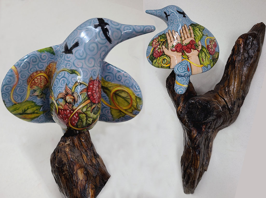 cathy weber - art - painting - woman - montana - ceramic - porcelain - bird - narrative - clay - glazed - raspberry
