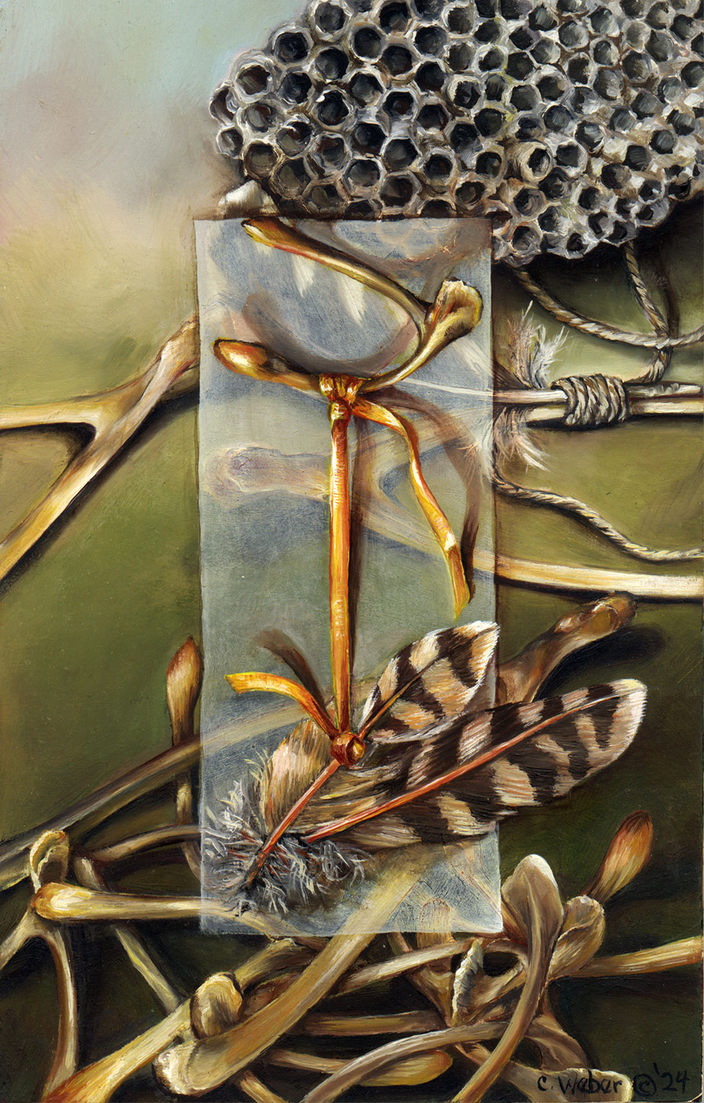 cathy weber - art - painting - woman - oil - montana - oil - object - wishing bone - feather