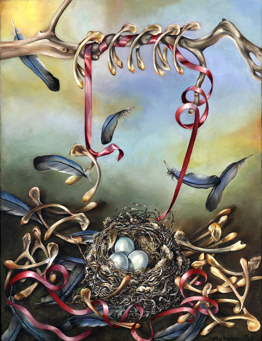 24.006 - feather - wish bone - nest - cathy weber - artist - oil painting - objects - biological objects - ribbon - eggs - branch