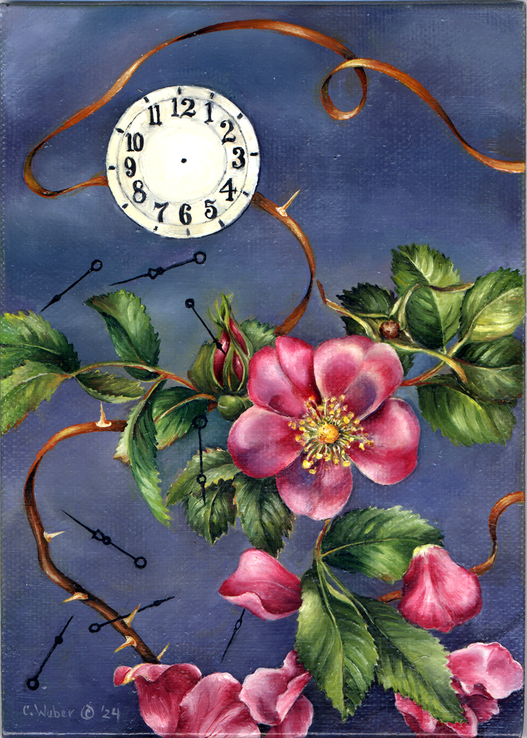 cathy weber - art - painting - woman - oil - montana - oil - object - wildflower - clock - thorn - botanical