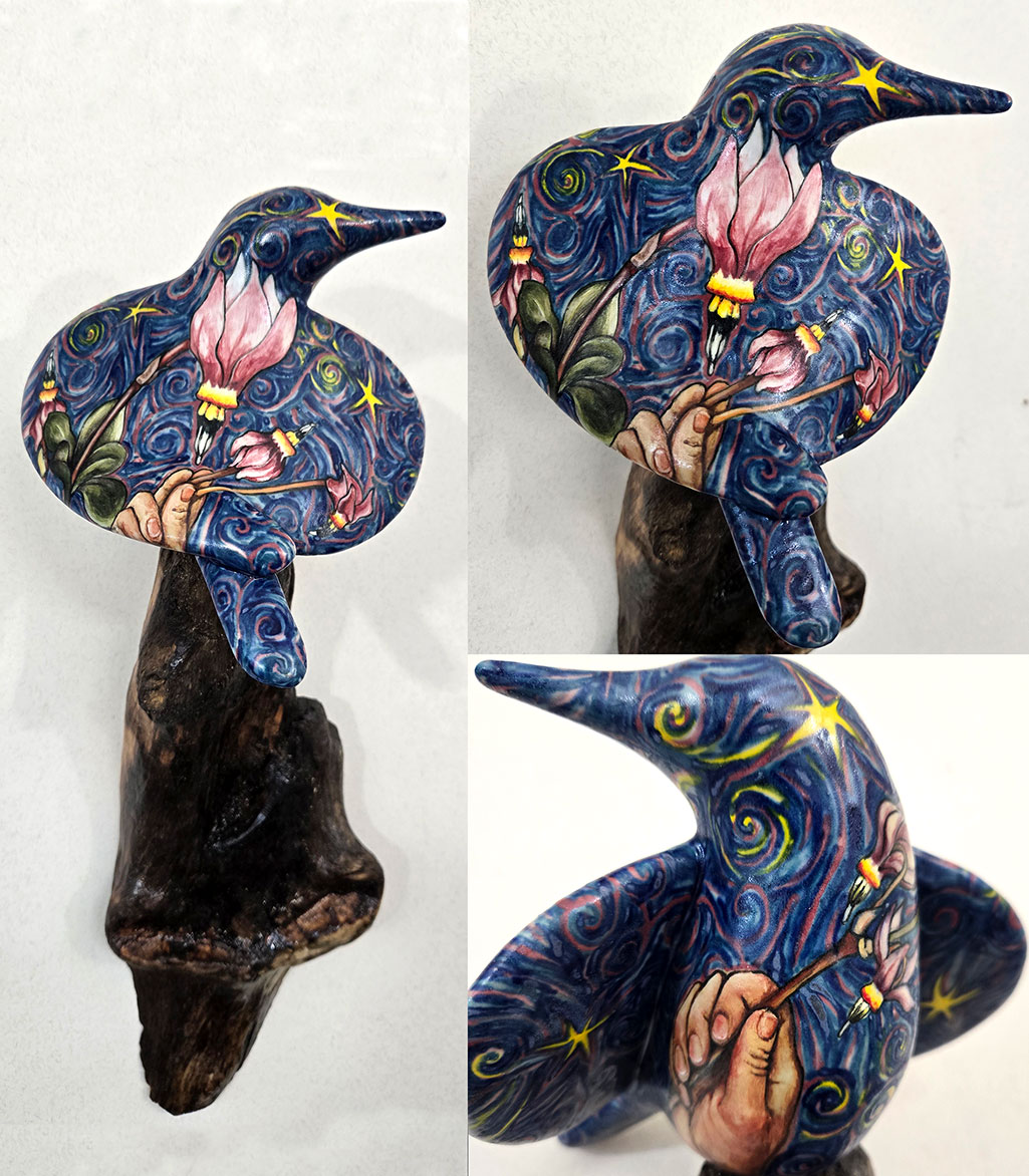 25.003 - cathy weber - art - painting - woman - montana - ceramic - porcelain - bird - narrative - clay - glazed - shooting star