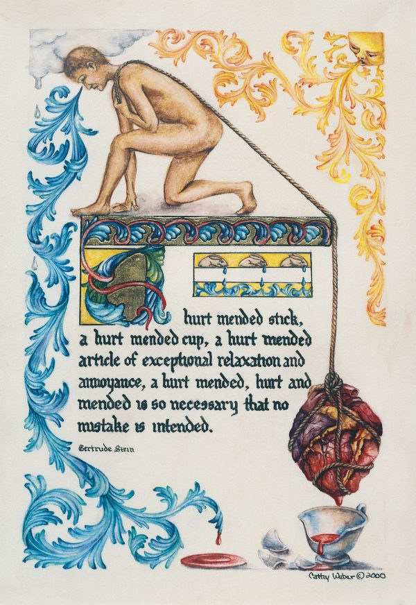 cathy weber - art - painting - woman - watercolor -illumination- montana - painting - parchment - skin - versal - gertrude stein - grief - heart - blood