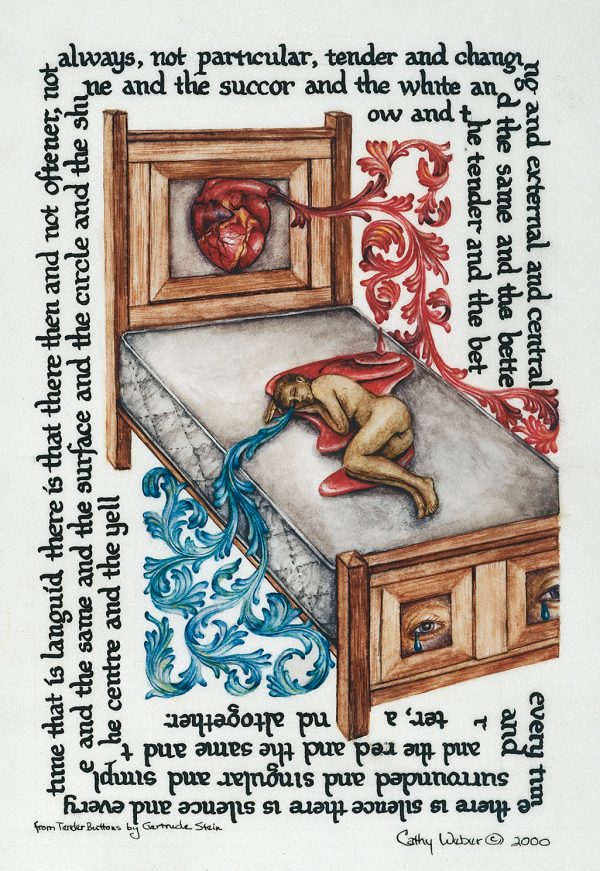 cathy weber - art - painting - woman - watercolor -illumination- montana - painting - parchment - skin - versal - gertrude stein - grief - heart - blood