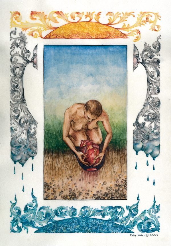 cathy weber - art - painting - woman - watercolor -illumination- montana - painting - parchment - skin - grief - heart - blood
