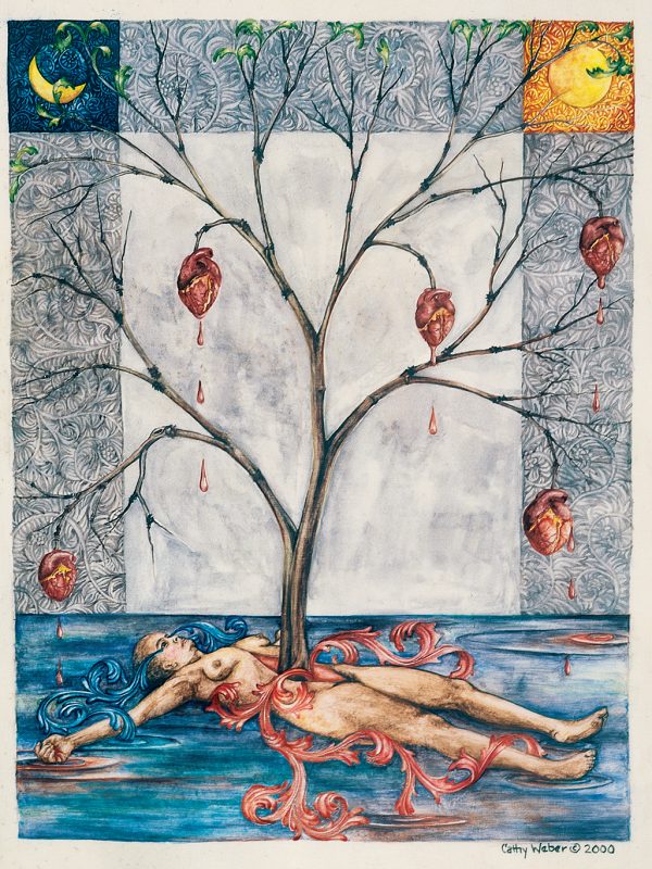 cathy weber - art - painting - woman - watercolor -illumination- montana - painting - parchment - skin - gertrude stein - grief - heart - blood - tree