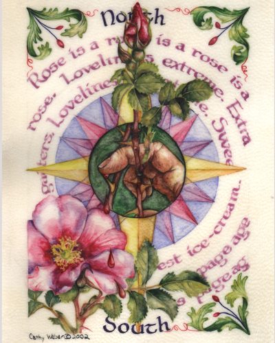 cathy weber - art - artmaker - watercolor - montana - illumination - book - artist - map - compass rose - parchment - wild rose - calligraphy