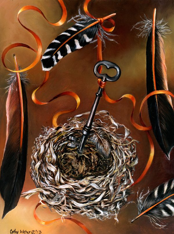03.017 - feather - key - nest - cathy weber - artist - oil painting - objects - biological objects - ribbon
