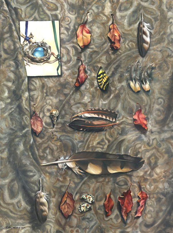05.009 - feather - leaf - nest - cathy weber - artist - oil painting - montana - woman - artist - skull