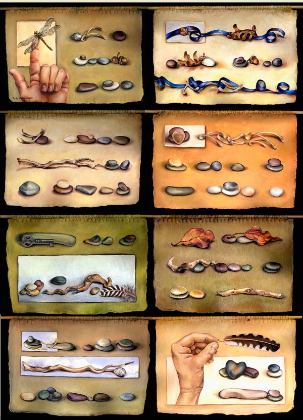cathy weber - art - painting - stick - stone - dragonfly - woman - heart - wishbone - book art - artist book - book- object - montana - oil painting - object poem - movable page