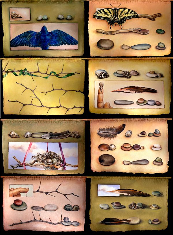 cathy weber - art - painting - stick - stone - dragonfly - woman - heart - wishbone - book art - artist book - book- object - montana - oil painting - object poem - movable page