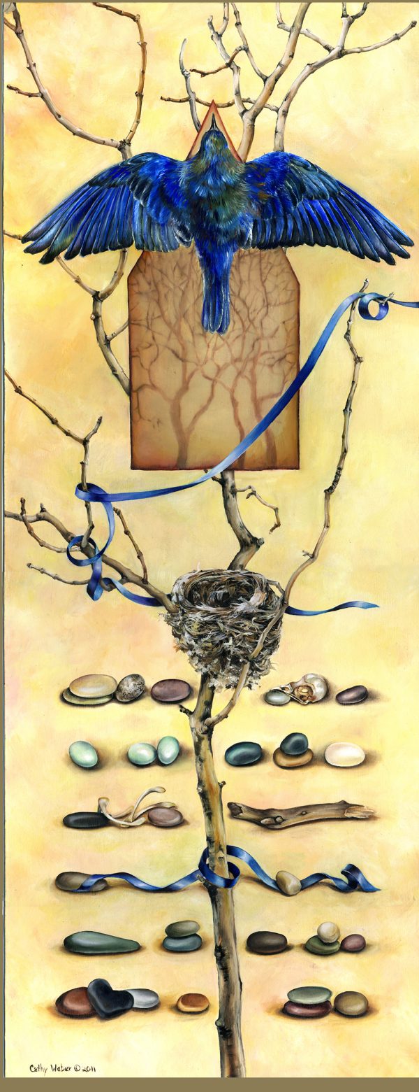 11.010 -- cathy weber - artist - oil painting - montana - woman - egg - stone - art - ribbon - nest