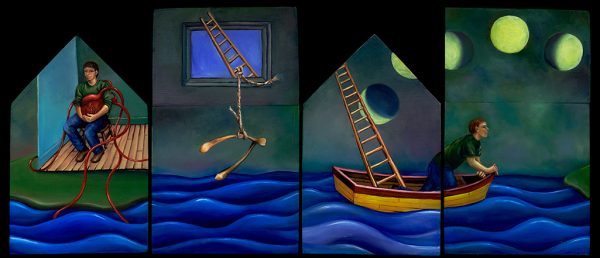 cathy weber - art - painting - woman -house - book art - artist book - book- river - montana - oil painting - wishbone - boat -ladder - moon