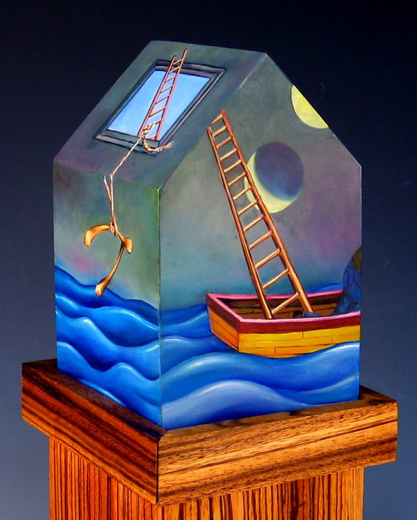 cathy weber - art - painting - woman -house - book art - artist book - book- river - montana - oil painting - wishbone - boat -ladder - moon