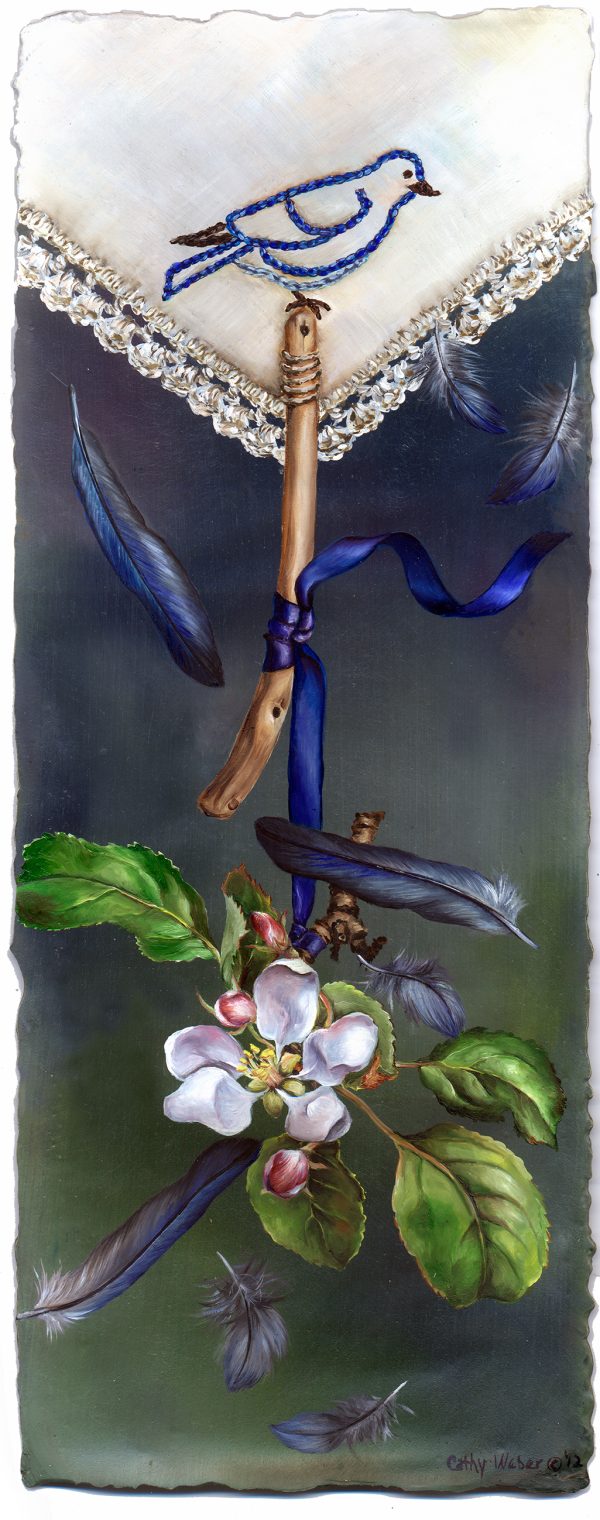 cathy weber - art - painting - bluebird apple blossom - oil - montana - oil on gessoed paper