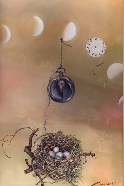 cathy weber - oil painting - Montana art - biological art - biological artifacts - object poem – artist - painted poem – art - moon phase – bird nest - nest