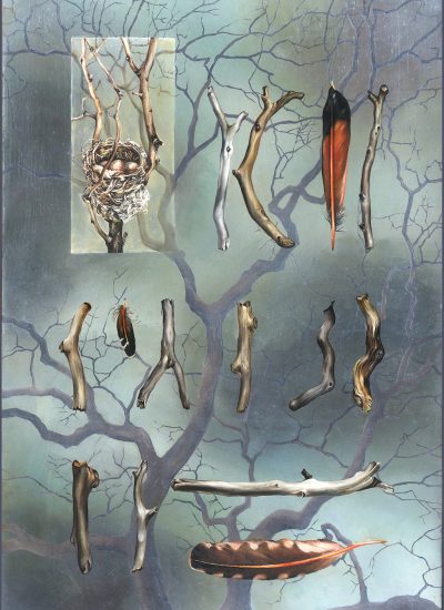 cathy weber - art - oil painting - nest - sticks - feather - object poem - tree - montana