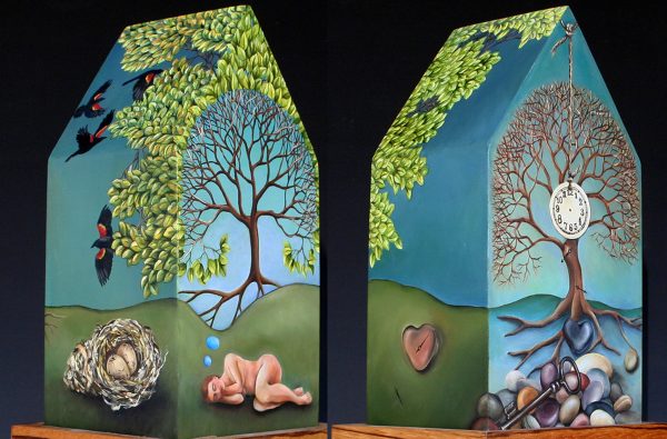 15.003 Green tree house, oil on gessoed panel, 4 by 4 by 6 inches