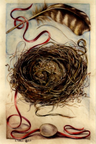cathy weber - art - painting - woman - oil - montana - oil - object - nest - egg - feather - ribbon