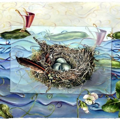 cathy weber - art - painting - woman - oil - montana - oil - object - wishing bone - feather - nest - pea