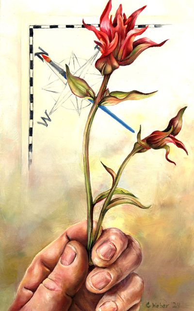 cathy weber - art - artmaker - montana - woman - artist - oil paint - map - compass rose - paint brush - thunder sparks