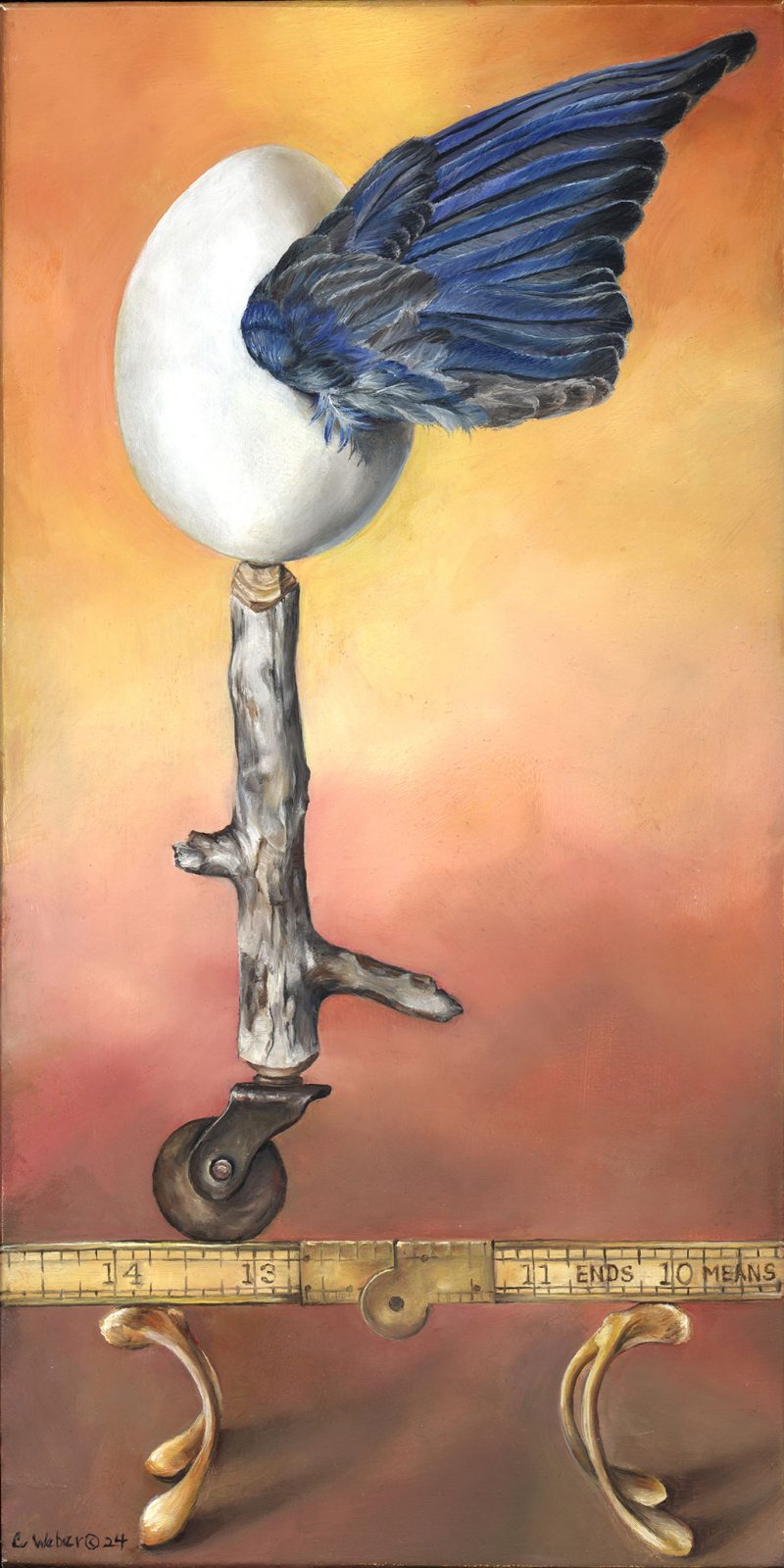 cathy - weber - art - oil - painting - egg - feather - stick - wheel - wishbone montana